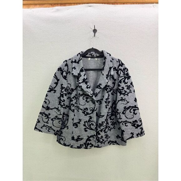 COLDWATER CREEK Ornate Gray/Black Flocked Boiled Wool 3/4 Sleeve Jacket Size XL - Picture 1 of 8